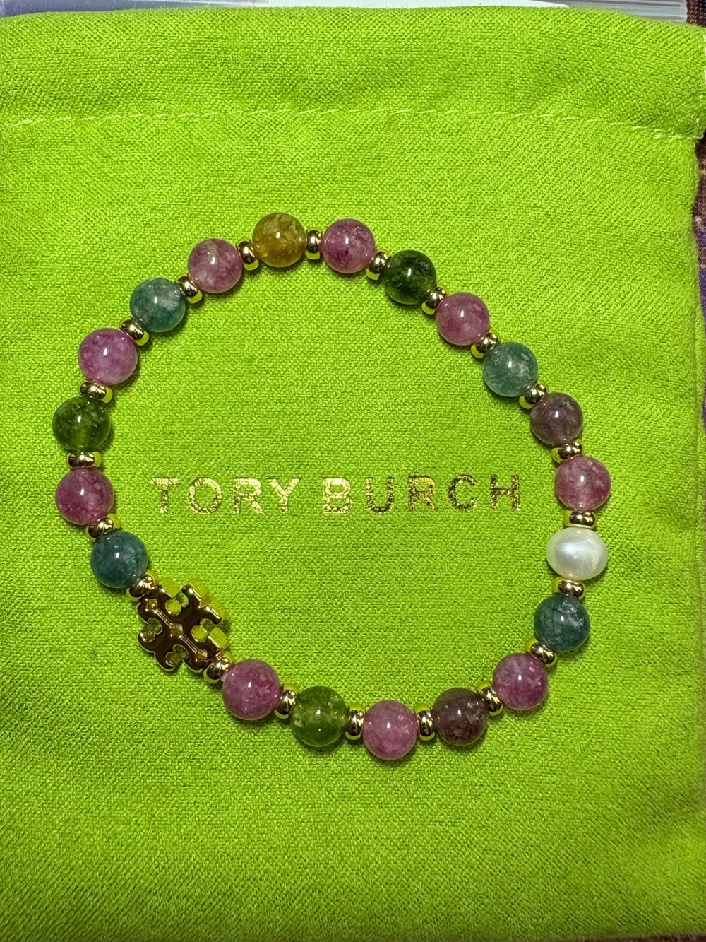 Tory Burch Gold Logo Multicolor Beaded Bracelet with Pink, Green & Blue Stones